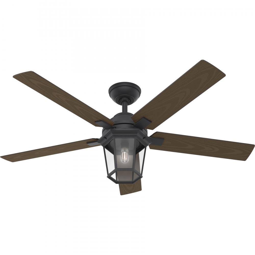 Hunter 52 inch Candle Bay Natural Black Iron Damp Rated Ceiling Fan with LED Light Kit and Handheld